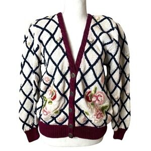 Womens Knit Cardigan Floral Embroidered Diamond Pattern Burgundy Trim Size M